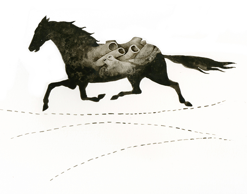 watercolor, natural pigments, galloping horse
